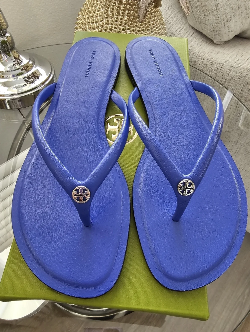Tory Burch  Blue Leather Logo Medallion Flip Flops